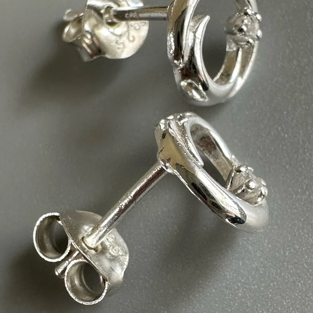 Sterling Silver Crescent Moon Tiny Stud Earrings with CZ 8mm